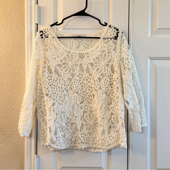 Fever Tops - Ivory Floral Lace Appliqué & Mesh FEVER Long Sleeve Blouse Sz M Sheer Lined Top